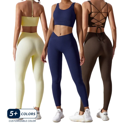 Venta al por mayor OEM/ODM mujeres 2 piezas Leggings + sujetador ropa costilla Yoga conjunto gimnasio entrenamiento Fitness deportes activos conjuntos