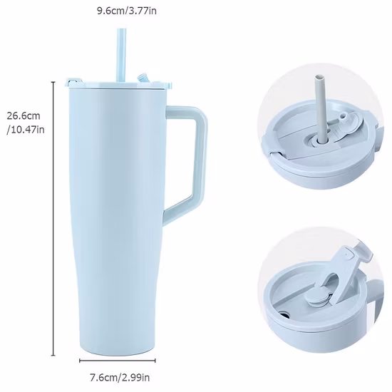 Vaso aislado de 40 oz, taza de acero inoxidable, vaso de café al vacío de doble pared, taza de viaje, botella de agua con tapa con asa, mango de paja